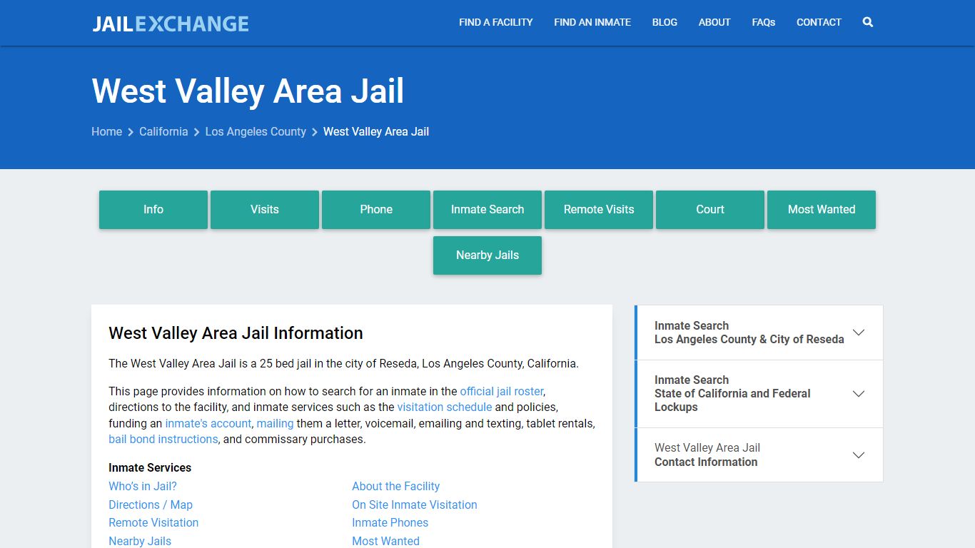 West Valley Area Jail, CA Inmate Search, Information